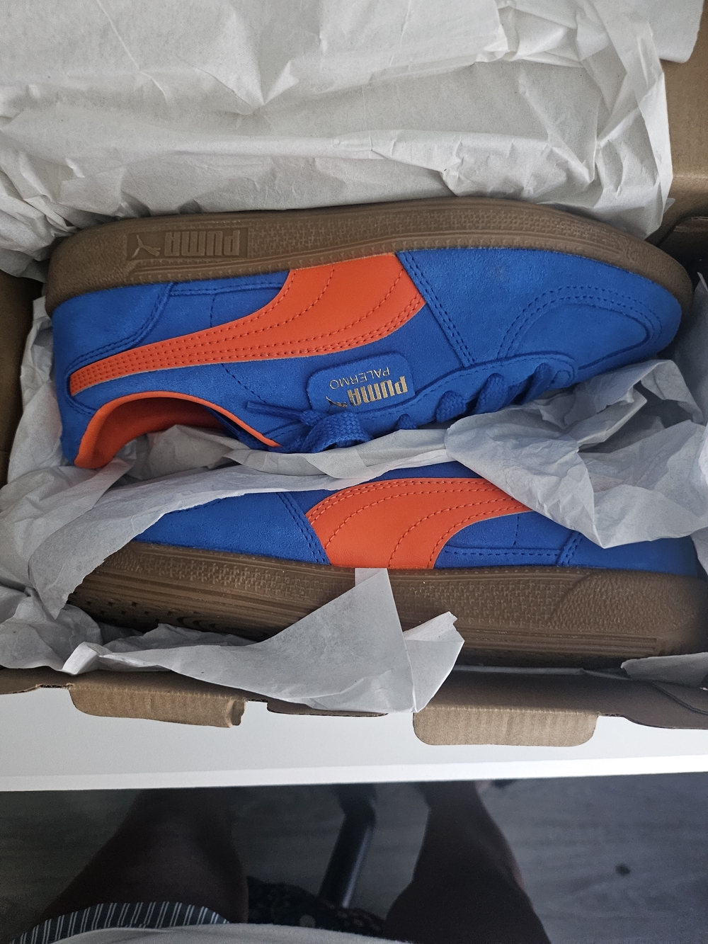 Puma Low-Top Blue Suede Sneakers with Orange Stripe